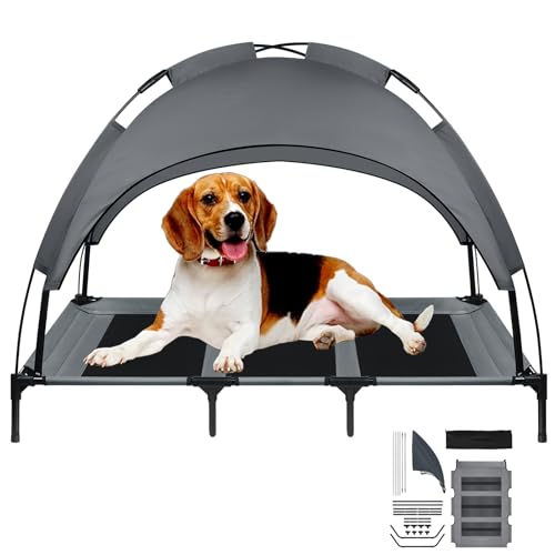 ORHEYA Multifunktionales Haustierbett mit Baldachin, Erhöhtes Hundebett und Katzenbett, Outdoor-Sonnenschutz mit Eisenrahmen, atmungsaktiver Komfort, geeignet für große Tiere, Taftstoff, 122x92x102cm von ORHEYA