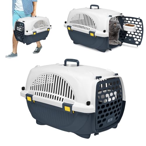 ORHEYA Transportbox Katze Transportboxen für kleine Hunde und Katzen Katzentransportbox aus Kunststoff mit Napf, Tiertransportbox bis zu 10kg, 61x37x37 cm, Grau von ORHEYA