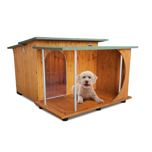 ORIGINAL LEGNO Hundehütten Hundehaus Hundehöhle mit Veranda Aus Massiv Holz Echtholz Geshenk THERMOVORHANG Made in Italy Mod. Italy B - Pudel 73x87xH51 von ORIGINAL LEGNO