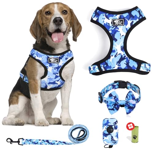 Hundegeschirr und Leine, Set für kleine Hunde, verstellbar, reflektierend, kein Ziehen, Hundegeschirr für Welpen, mit Fliege Halsband, Leine und Kotbeutel (Größe XL, Blaue Tarnfarbe) von ORLYOBABE