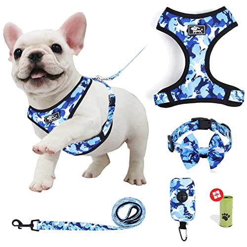 Hundegeschirr und Leine, reflektierend, mit Schleifen-Halsband, Leine und Kotbeutelhalter für Welpen, kleine Hunde, Größe XS, Blau Camouflage von ORLYOBABE