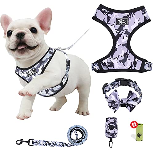 Step in Hundegeschirr und Leine, verstellbar, reflektierend, kein Ziehen, Hundeweste, Geschirr-Set für Welpen, kleine Hunde, mit Schleifen-Halsband, Leine und Kotbeutel, klein, Grau / Camouflage von ORLYOBABE