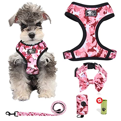 Step in Hundegeschirr und Leine, verstellbar, reflektierend, kein Ziehen, Hundeweste, Geschirr für große Hunde, mit Schleifen-Halsband, Leine und Kotbeutel, groß, rosa Camouflage von ORLYOBABE