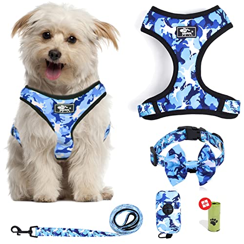 Step-in-Hundegeschirr und Leine, verstellbar, reflektierend, kein Ziehen, für Welpen, mittelgroße Hunde, mit Schleifenhalsband, Leine und Kotbeutel, Größe M, Blau (Camouflage) von ORLYOBABE