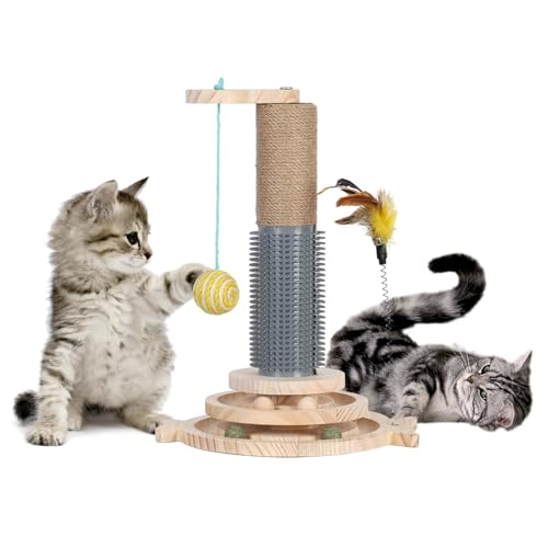 OSKOPWRC Katzenkratzbaum mit Sisalseil, Katzenkratzer Kätzchenspielzeug, Interaktiver Katzenkratzstab für Indoor-Katzen, Katzenminze Teaser, 3-stöckiges Spielzeug-Ballbahn, Stabiler Holzsockel, von OSKOPWRC