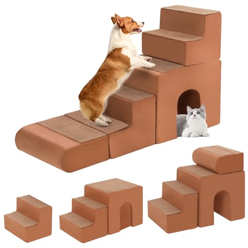 Hundetreppe für Hochbett, hochdichter Schaumstoff-Haustiertreppe mit strapazierfähigem, rutschfestem, wasserdichtem Stoffbezug für kleine Hunde und Katzen, Haustiertreppe für Couch, Stuhl oder von OSYKIU