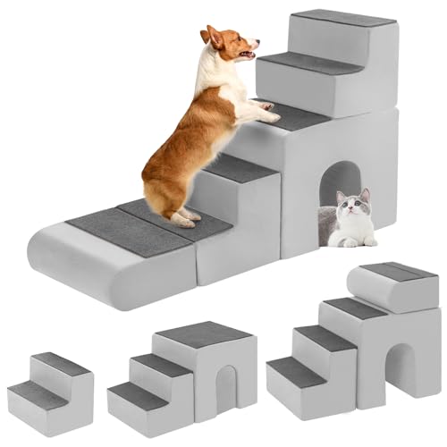 Hundetreppe für Hochbett, hochdichter Schaumstoff-Haustiertreppe mit strapazierfähigem, rutschfestem, wasserdichtem Stoffbezug für kleine Hunde und Katzen, Haustiertreppe für Couch, Stuhl oder von OSYKIU