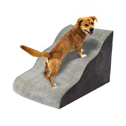 Hundetreppe für kleine Hunde, hochdichter Schaumstoff-Haustiertreppe mit strapazierfähigem, rutschfestem wasserdichtem Stoffbezug, Hundetreppe für Couch, Stuhl oder Bett, 3 Ebenen, Grau von OSYKIU