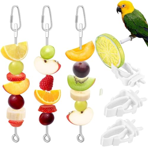 Futterhalter für Wellensittiche, 6 Stück, Edelstahl, Futterspender und Kunststoff-Vogelfutter-Clip-Set, Vogel-Leckerli, Obststab-Halter, Clip, Futterspielzeug für Papageien, Wellensittiche, Sittiche von OTKARXUS