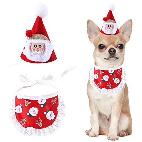 Haustier-Weihnachtsmütze Schal, 1 Set Hund Weihnachtsmann Elch Kostüm Outfit Set, verstellbares Hunde-Weihnachts-Bandana niedliche Lätzchen Haustierkleidung für Weihnachten, Festival, Welpen, Kätzchen von OTKARXUS