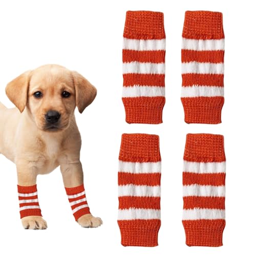 Hunde-Beinstulpen für den Winter, weich, warm, Streifenmuster, gestrickter Ellenbogenschutz, elastischer Haustier-Beinschutz für Kätzchen, Welpen, kleine, mittelgroße Hunde, Katzen, Rot, Größe L, 4 von OTKARXUS