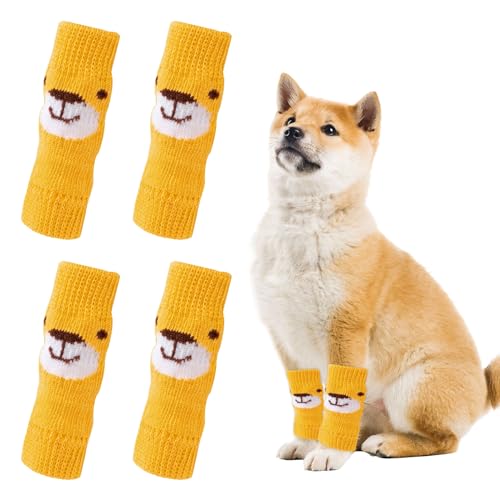 Hunde Beinwärmer, 4 Stück Winter Weiche Warme Gestrickte Hundebeinsocken, Cartoon-Tierbär Hundebeine Ärmel Gelenkschutz, geeignet für Kätzchen, Welpen, kleine, mittelgroße Hunde, Katzen (Gelb, XL) von OTKARXUS