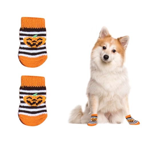 OTKARXUS Hundesocken, 10 Stück Anti Rutsch Socken für Hunde,Dehnbare Halloween-Kürbis Strick Pfotenschutz Hundeschuhe für Haustier Verletzte Pfoten Innenbereich auf Hartholzböden von OTKARXUS