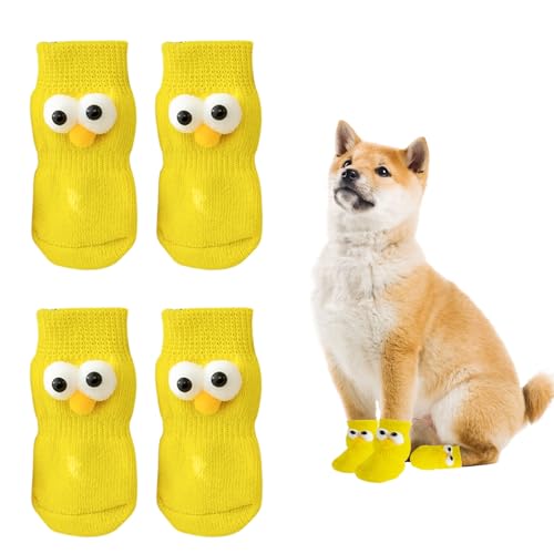 Hundesocken, 4 Stück, rutschfeste Hundesocken, Pfotenschutz für kleine Hunde, zum Spazierengehen drinnen und draußen (Gelb, L) von OTKARXUS