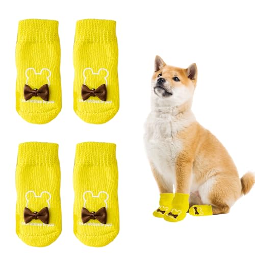 Hundesocken, 4 Stück, rutschfeste Hundesocken, Pfotenschutz für kleine Hunde, zum Spazierengehen drinnen und draußen (Schleife, Gelb, L) von OTKARXUS