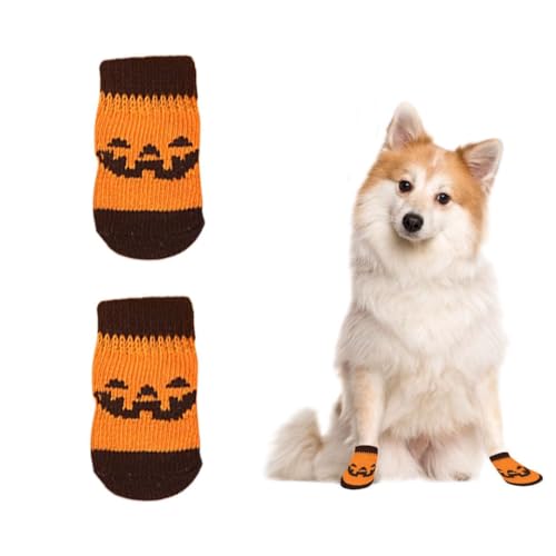 OTKARXUS Hundesocken, 4 Stück Anti Rutsch Socken für Hunde,Dehnbare Halloween-Kürbis Strick Pfotenschutz Hundeschuhe für Haustier Verletzte Pfoten Innenbereich auf Hartholzböden von OTKARXUS