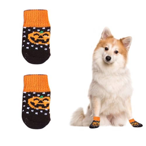 OTKARXUS Hundesocken, 7 Stück Anti Rutsch Socken für Hunde,Dehnbare Halloween-Kürbis Strick Pfotenschutz Hundeschuhe für Haustier Verletzte Pfoten Innenbereich auf Hartholzböden von OTKARXUS