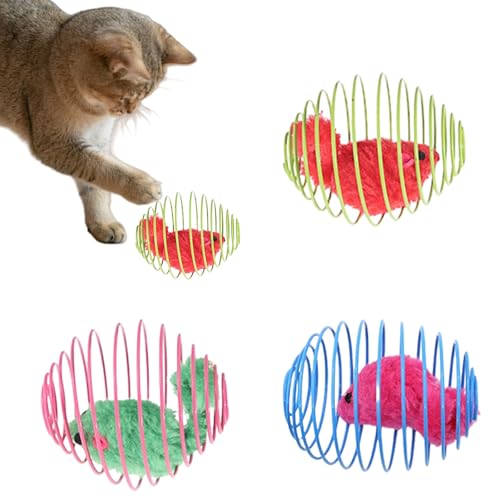 OTKARXUS Katzen-Federspielzeug, 3 bunte Katzenfederbälle mit Mäusen, Metallkäfigbälle, interaktives Kätzchen-Maus-Spielzeug für Kätzchen, Kicken, Jagen, Trainieren von OTKARXUS