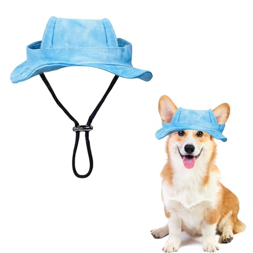 Hunde Sonnenhut,1 Stück Verstellbar Hunde Sonnenschutz Mütze Mit Ohrlöchern, Runde Krempe Hunde Visier Cap Haustier Fischerhut für Welpen Kleine Hunde, Katzen Outdoor-Sport(Blau, S) von OTKARXUS