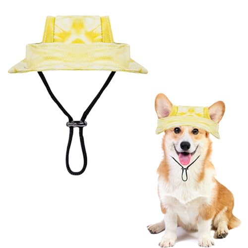 Hunde Sonnenhut,1 Stück Verstellbar Hunde Sonnenschutz Mütze Mit Ohrlöchern, Runde Krempe Hunde Visier Cap Haustier Fischerhut für Welpen Kleine Hunde, Katzen Outdoor-Sport (Gelb, M) von OTKARXUS