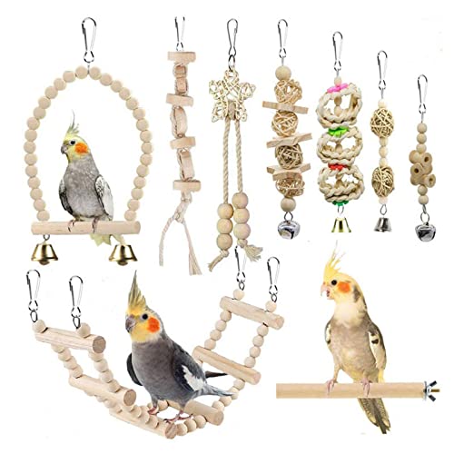 Vogelkäfig-Spielzeug-Set, 9-teilig, Vogel-Papageienschaukel, Kauspielzeug, stehend, hängende Sitzstange, Hängematte, Kletterleiter, Vogelkäfig, Zubehör für Wellensittiche, Nymphensittiche, Liebesvögel von OTKARXUS