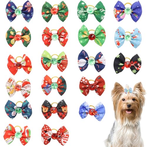 Weihnachts-Hundehaarschleifen mit elastischen Gummibändern, 20 Stück, zufällige Farben, Schleife, Hundehaarbänder, Weihnachtsschleifen, Welpenhaarpflege-Zubehör für Langhaar, Welpen, Kätzchen, Hunde von OTKARXUS