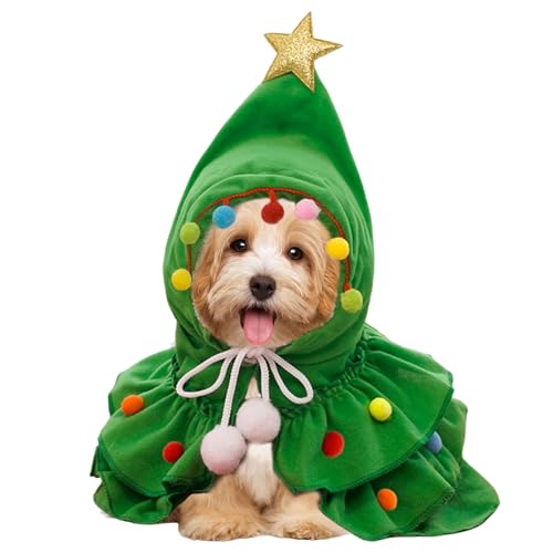 Weihnachtskostüm für Haustiere, 1 x Welpen-Umhang mit Hut, niedlicher Weihnachtskatzenumhang mit Stern und Pompons, Party-Cosplay-Kostüm für Kätzchen, kleine Katzen, Hunde (Grün, M) von OTKARXUS