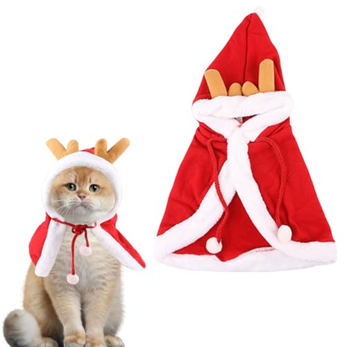 Weihnachtskostüm für Haustiere, Elch-Hundeumhang mit Hut, niedlicher Welpen-Umhang, Katzenkleidung, Cosplay-Kostüm, Verkleidungszubehör für Kätzchen, kleine Katzen, Hunde, Rot, Größe M von OTKARXUS