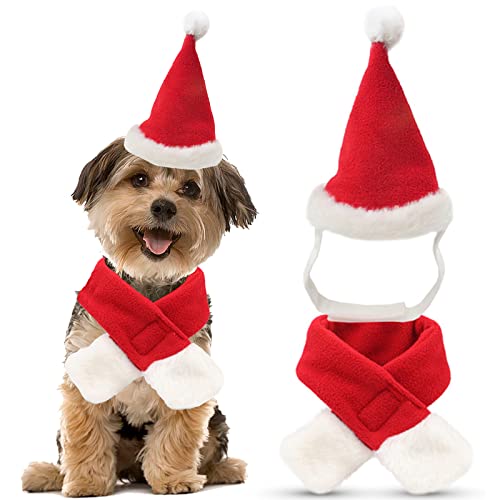 Weihnachtsmütze und Schal, 1 Set mit Weihnachtsmütze und Schal, rotes Weihnachts-Hunde-Kostüm-Set, Welpen, Kätzchen, Cosplay, verstellbares Kostüm, Zubehör für kleine Haustiere, Hunde, Katzen, Urlaub, von OTKARXUS