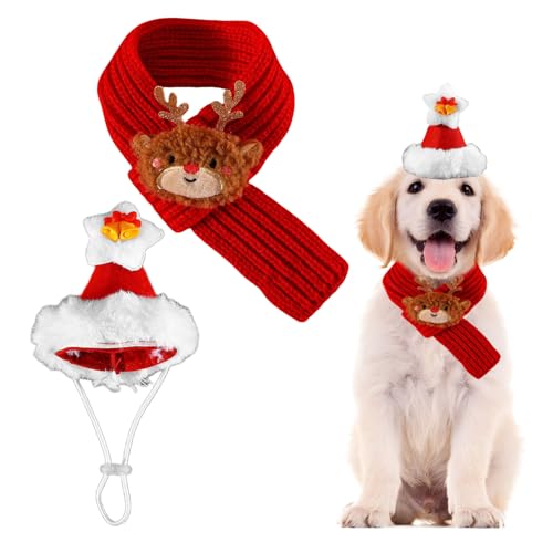 Weihnachtsmütze und Schal für Hunde, 2-teiliges Katzen-Weihnachtsoutfit mit Strickkragen, Haustier-Weihnachtskostüm, Hundekleidung für Hunde, Welpen, Katzen, Weihnachts-Party-Kostüm, Verkleiden (Rot, von OTKARXUS