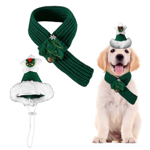 Weihnachtsmütze und Schal für Hunde, 2-teiliges Katzen-Weihnachtsoutfit mit Strickkragen, Haustier-Weihnachtskostüm, Hundekleidung für Hunde, Welpen, Katzen, Weihnachts-Party-Kostüm, Verkleiden (Grün, von OTKARXUS