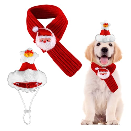 Weihnachtsmütze und Schal für Hunde, 2-teiliges Katzen-Weihnachtsoutfit mit Strickkragen, Haustier-Weihnachtskostüm, Hundekleidung für Hunde, Welpen, Katzen, Weihnachts-Party-Kostüm, Verkleiden (Rot, von OTKARXUS