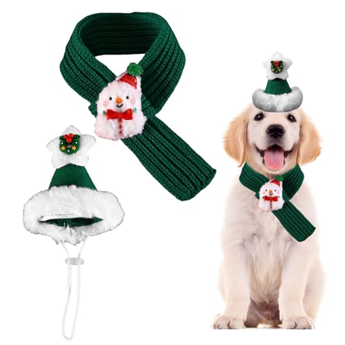 Weihnachtsmütze und Schal für Hunde, 2-teiliges Katzen-Weihnachtsoutfit mit Strickkragen, Haustier-Weihnachtskostüm, Hundekleidung für Hunde, Welpen, Katzen, Weihnachts-Party-Kostüm, Verkleiden (Grün, von OTKARXUS