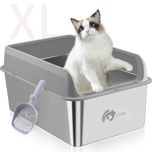 OTOB Geschlossene Katzentoilette aus Edelstahl, abgedeckte XL große Katzentoilette für Indoor-Katzen, Metall-Katzentoiletten mit hohen Wandseiten, Anti-Auslaufen, nicht klebrig, einfache Reinigung mit von OTOB