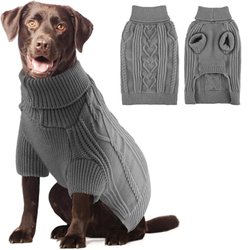 OTOB Großer Hundepullover für weibliche Männer, Rollkragenpullover, warmer Hundepullover für große Hunde, Zopfmuster, Winter-/Herbst-Hundekleidung, Haustier-Sweatshirt, Grau, Größe XXL von OTOB