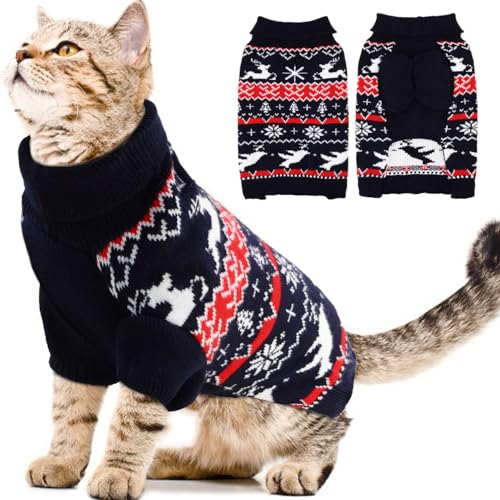 OTOB Hässlicher Weihnachtspullover für Katzen mit Loch für die Leine, warmer Rollkragenpullover, weicher, gemütlicher Katzenpullover nur für Katzen, Herbst und Winter, Haustier-Strickwaren, niedlicher von OTOB