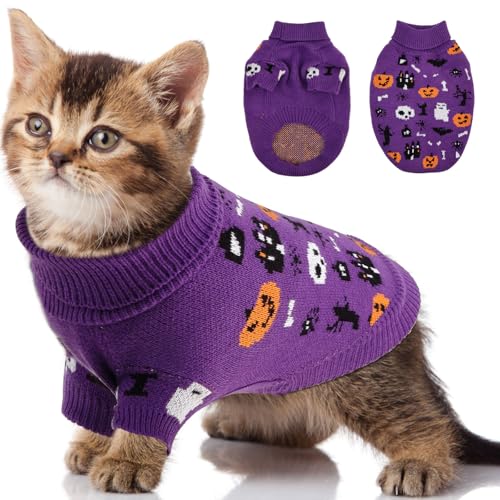 OTOB Halloween-Hundepullover für kleine Hunde, warmer Rollkragen-Strickwaren, Katzenpullover mit Kürbis, Geist, Fledermaus, Spinne, Haustier-Kätzchen, Welpe, Pullover, Shirt für Urlaub, Erntedankfest, von OTOB