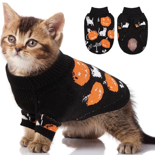 OTOB Halloween-Katzenpullover, niedlicher Kürbis-Strickwaren, kleine Hunde, warmer Rollkragenpullover, Haustierkleidung, Halloween-Urlaubskostüme, Outfit für Katze, Kätzchen, Welpen, Schwarz, Größe XS von OTOB