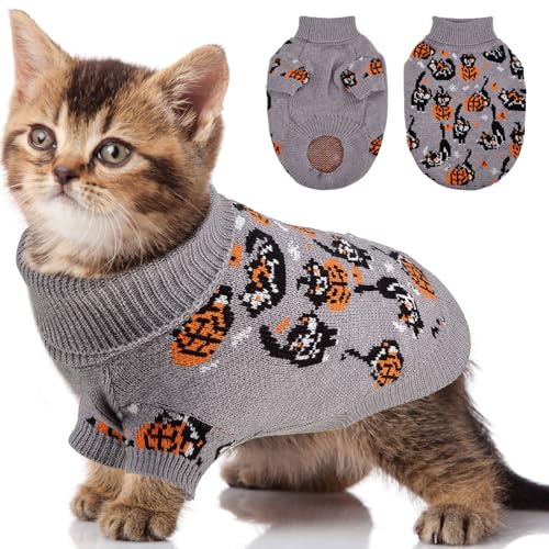 OTOB Halloween-Katzenpullover, niedlicher Kürbis-Strickwaren, kleiner Hundepullover, warmer Rollkragenpullover, Kätzchenpullover, Halloween-Kostüm, Outfit für Katze, Kätzchen, Welpen, Grau, Größe XS von OTOB