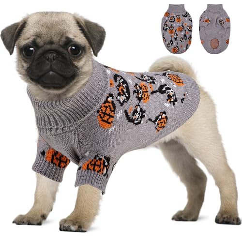 OTOB Halloween-Pullover für kleine Hunde, Herbst-Winter, Kürbis-Strickwaren, Katzenpullover, warmer Rollkragen, niedliche Haustierkleidung, Welpen, Hund, Halloween-Kostüme, Urlaubs-Outfit, Grau, Größe von OTOB