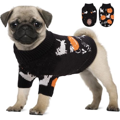 OTOB Halloween-Pullover für kleine Hunde, Welpen, Kürbis-Strickwaren, große Katze, warmer Rollkragenpullover, klassische Haustierkleidung, niedliches Halloween-Urlaubskostüm-Outfit, Schwarz, M von OTOB