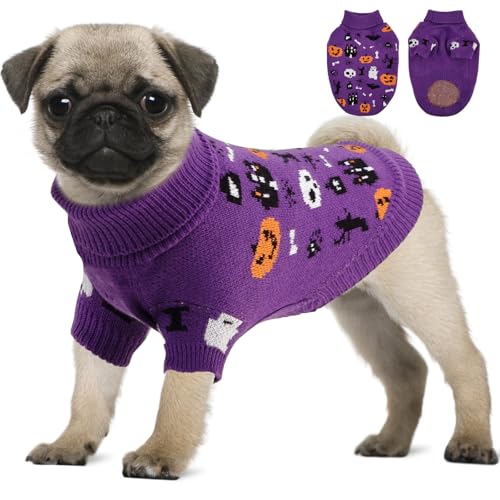 OTOB Halloween-Pullover für kleine Hunde, Welpen, Kürbis-Strickwaren, große Katzenpullover, warmer Rollkragen, klassische Haustierkleidung, Hunde-Halloween-Kostüme, Urlaubs-Outfit mit Kürbis-Geist, von OTOB