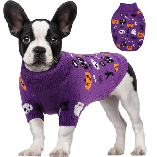 OTOB Halloween-Pullover für mittelgroße Hunde, gestrickter Rollkragen-Hundepullover, warmes Haustier-Sweatshirt, Kleidung für Urlaub, Erntedankfest, Weihnachtsfeier, Kostüm mit Kürbis, Geist, von OTOB