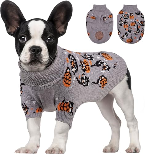 OTOB Halloween-Pullover für mittelgroße Hunde, gestrickter Rollkragenpullover, modisches warmes Haustier-Sweatshirt, Kleidung für Urlaub, Erntedankfest, Weihnachtsfeier, Kostüm mit Kürbis, Grau, Größe von OTOB