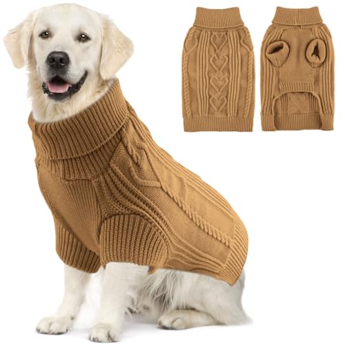 OTOB Hundepullover für große Hunde, Mädchen und Jungen, Rollkragenpullover, gestrickt, Haustierpullover, Hundekleidung, warme Pullover-Outfits für große Hunde, Kamel, Größe XXL von OTOB