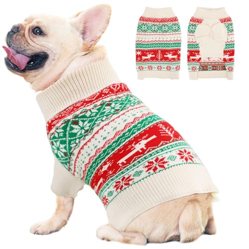 OTOB Hundepullover für große Hunde, Weihnachtspullover mit Loch für die Leine, Schneeflocke, Rentier, warmer und gemütlicher Rollkragenpullover, Strickwaren, Haustierkleidung, Grün/Rot, Größe XL von OTOB