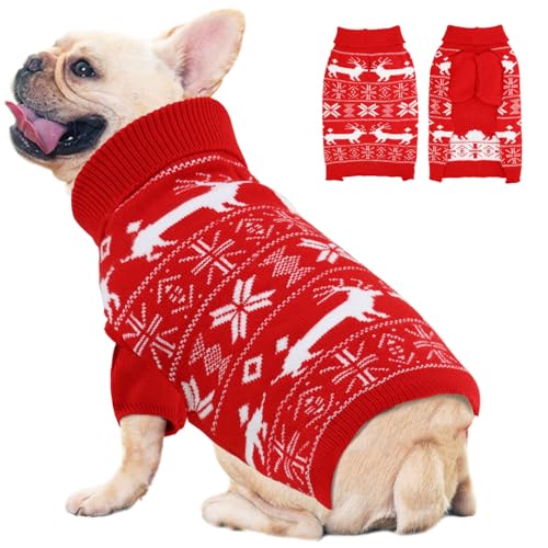 OTOB Hundepullover für große Hunde, Weihnachtspullover mit Loch für die Leine, Schneeflocke, Rentier, warmer und gemütlicher Rollkragenpullover, Strickwaren, Haustierkleidung, Rot, Größe XL von OTOB