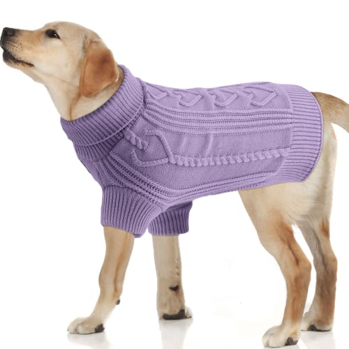 OTOB Hundepullover für große Hunde, Zopfmuster, Herbst-Hundepullover für Damen und Herren, Rollkragen, warme Winterkleidung, Haustier-Strickwaren für große Hunde, Lila, Größe XL von OTOB