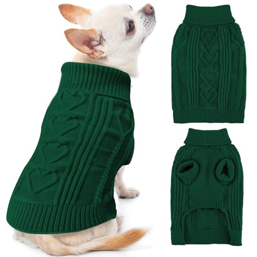 OTOB Hundepullover für kleine Hunde, warm, niedlich, Größe XS, Rollkragen für Jungen und Mädchen, dehnbarer Zopfstrick, Katzenpullover, kaltes Wetter, Dunkelgrün, Größe XS von OTOB