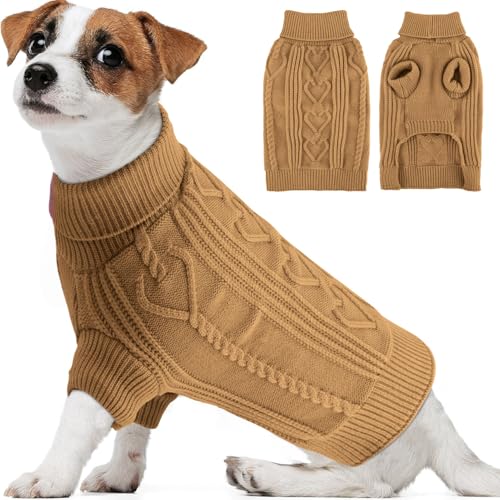 OTOB Hundepullover für kleine und mittelgroße Hunde, Rollkragenpullover für kaltes Wetter, warm, für den Winter, für mittelgroße Hunde, dehnbare Hundestrickwaren, Kamelfarben, Größe M von OTOB